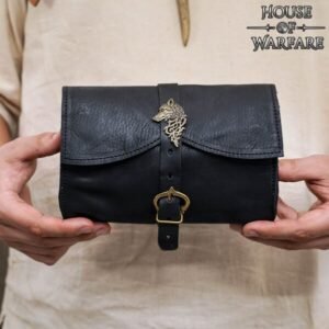 Medieval Leather Pouch – Spanish Design with Brass Wolf Emblem for LARP & Fantasy