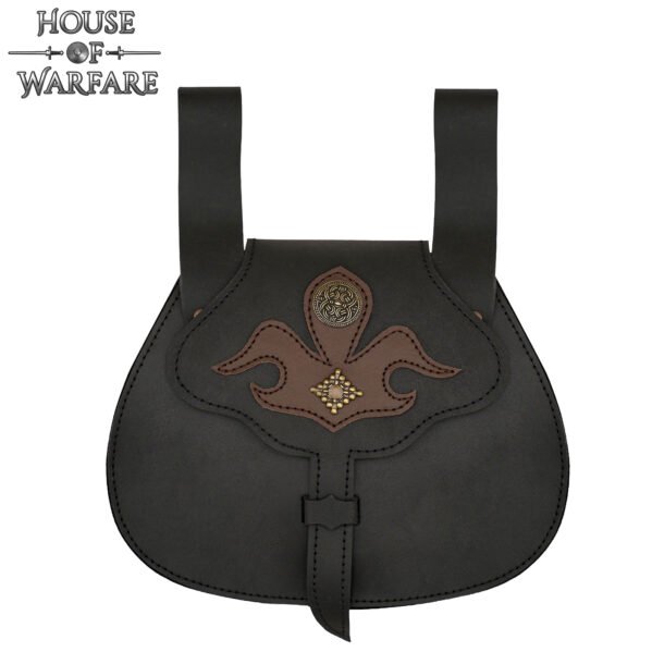 Spanish Design Medieval Leather Belt Pouch- LARP Pouch with Appliqué & Brass Rivets - Image 5