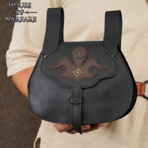 Spanish Design Medieval Leather Belt Pouch- LARP Pouch with Appliqué & Brass Rivets