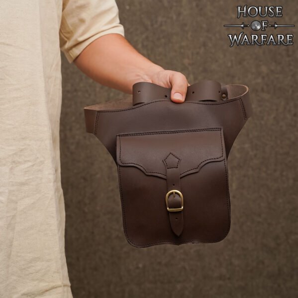 Spanish Design Late Medieval Leather Belt Pouch with Brass Buckle – Wide Panel LARP Pouch - Image 5