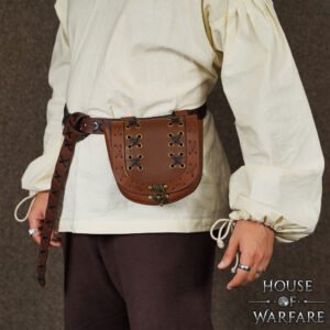 LARP-Ready Medieval Leather Pouch with Cross-Laced Detailing and Brass Clasp Belt Bag for Costumes