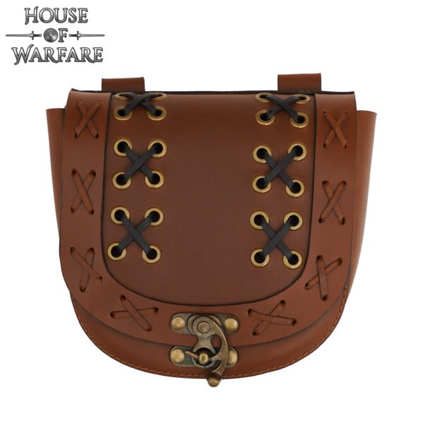 LARP-Ready Medieval Leather Pouch with Cross-Laced Detailing and Brass Clasp Belt Bag for Costumes - Image 6