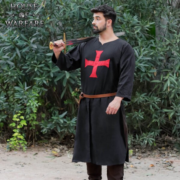 Templar Knight Crusader Tunic Black with Red Cross (12th–13th Century Inspired) - Image 2