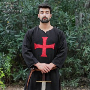 Templar Knight Crusader Tunic Black with Red Cross (12th–13th Century Inspired)