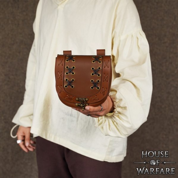 LARP-Ready Medieval Leather Pouch with Cross-Laced Detailing and Brass Clasp Belt Bag for Costumes - Image 4