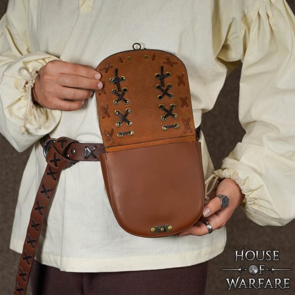 LARP-Ready Medieval Leather Pouch with Cross-Laced Detailing and Brass Clasp Belt Bag for Costumes - Image 2