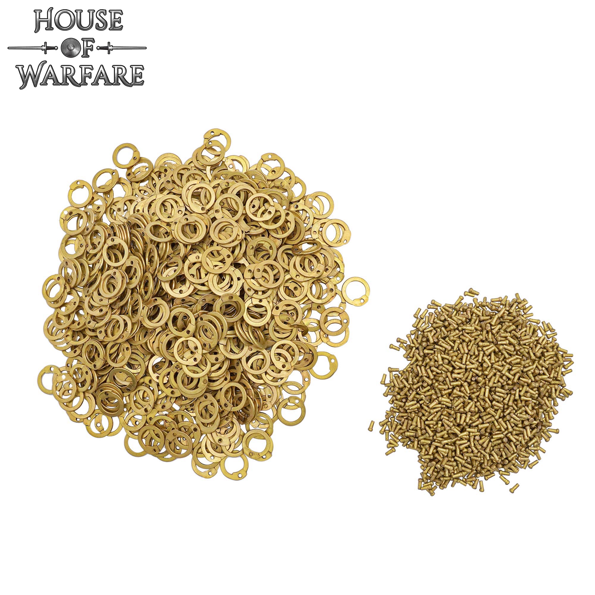 ⭐ Loose Chainmail Rings, Solid Brass Flat Rings with Round Rivets, 8mm  17gauge - Medieval Shop at House of Warfare