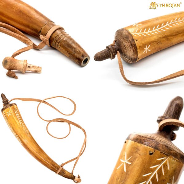 18th Century Hand Carved Genuine Powder Horn with Leather Strap - Image 5