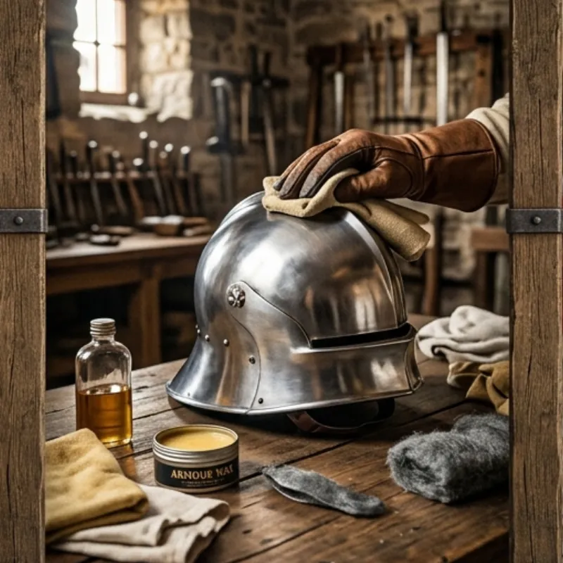 Gloved hand polishing a steel helmet with a cloth beside a bottle of oil, a tin of armour wax and steel wool on a workbench
