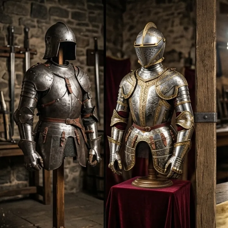 Two suits of plate armour on stands: a plain dark steel harness and a decorative gold-trimmed suit on a velvet-draped display
