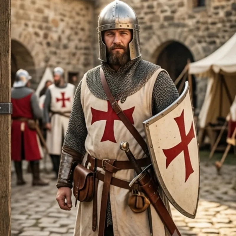 LARPer dressed as a crusader knight in a steel helmet, mail and white surcoat with a red cross, holding a matching shield
