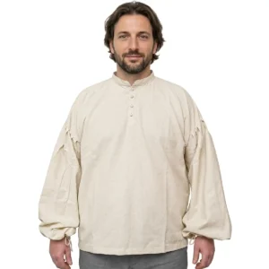 Collared Cotton Pirate Shirt Drawstring Sleeves & Fabric Buttons